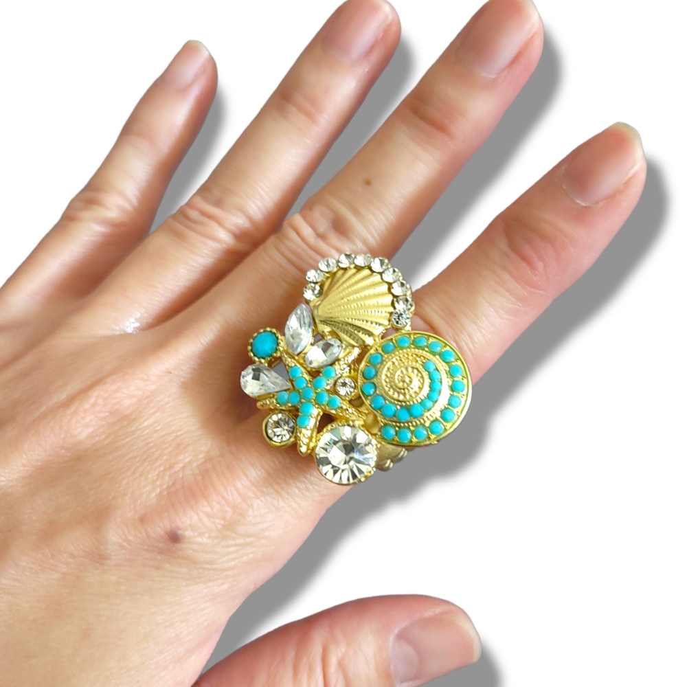 Whimsical Gold Tone Turquoise Crystal Rhinestone Seashells Adjustable Ring